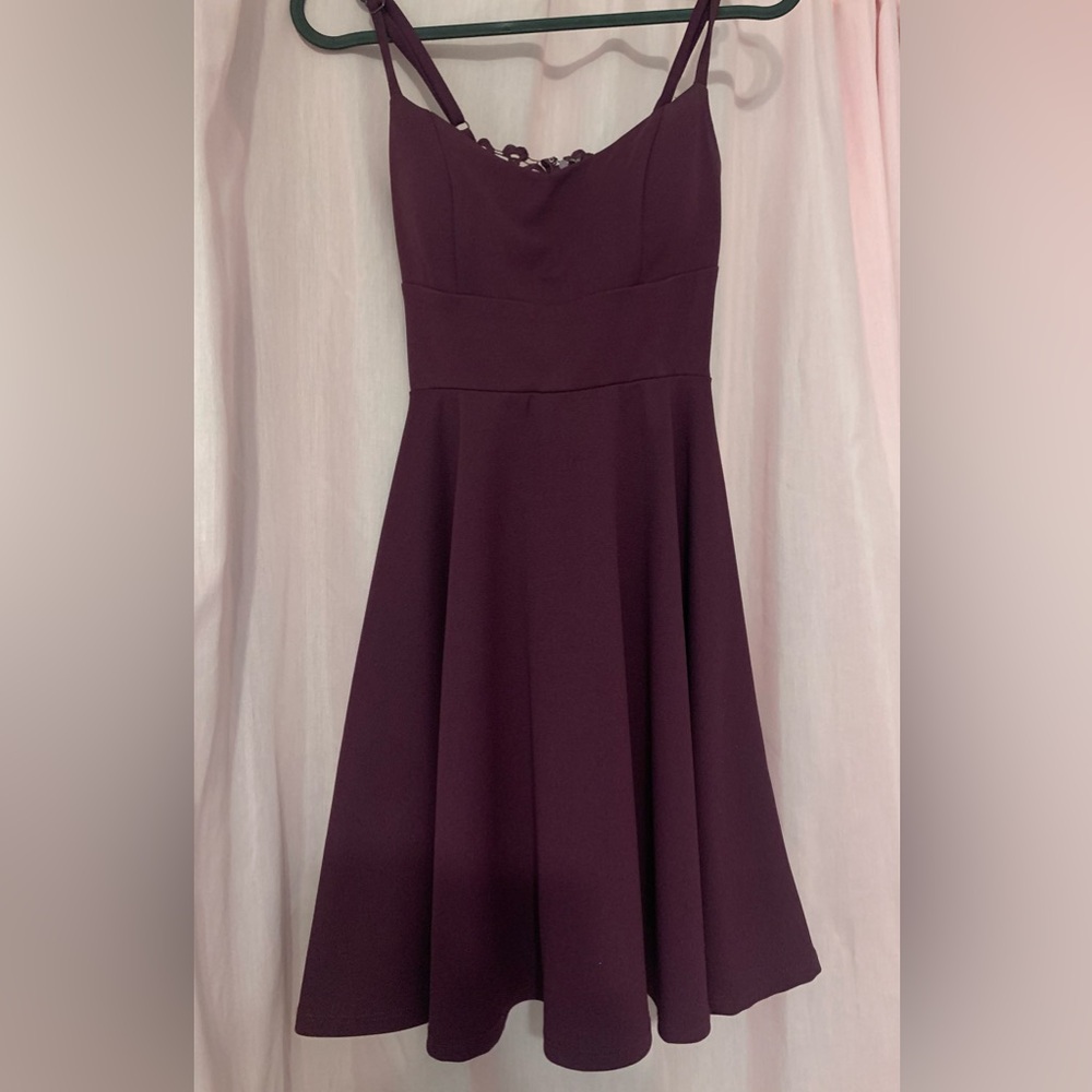 Macy’s burgundy skater length dress spaghetti strap lace back built in bra